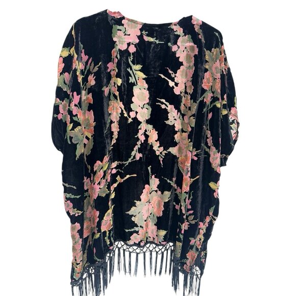Xhilaration Kimono Velvet Burn Out Size XS/S Dark Floral Fringe Boho Gypsy Fairy - Picture 3 of 6